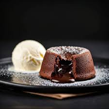 A captivating overhead shot of a perfectly plated chocolate lava cake with melting vanilla ice cream.